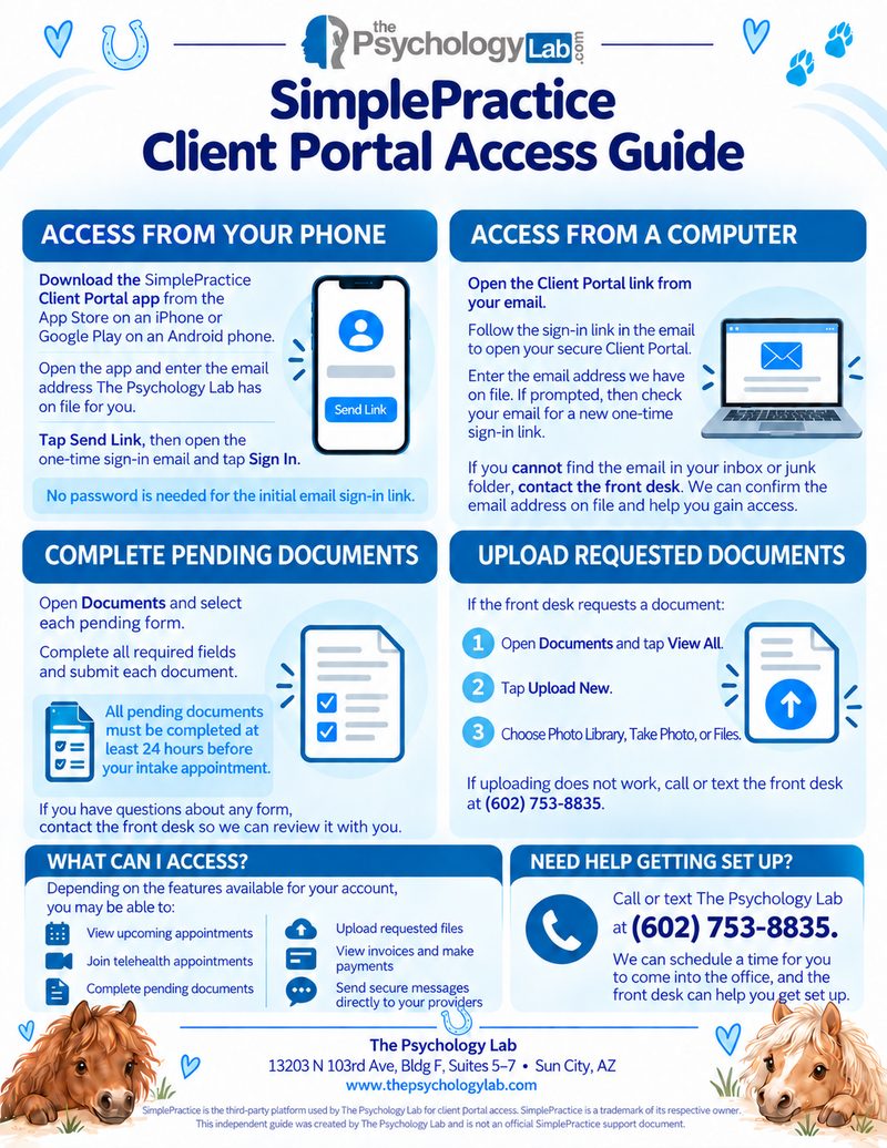 SimplePractice Client Portal Access Guide from The Psychology Lab: how to sign in from your phone or a computer, complete pending documents, upload requested documents, and get help from the front desk at (602) 753-8835.